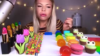 ASMR *RAINBOW FOOD* EDIBLE JELLY LIPSTICK, FLOWERS, LEGO BLOCKS, NERD ROPE, MACARON CANDY MUKBANG 먹방