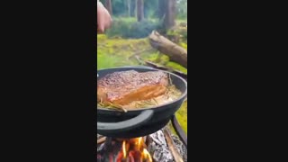 پخت استیک گوشت مزهدار شده با سس مخصوص در طبیعت